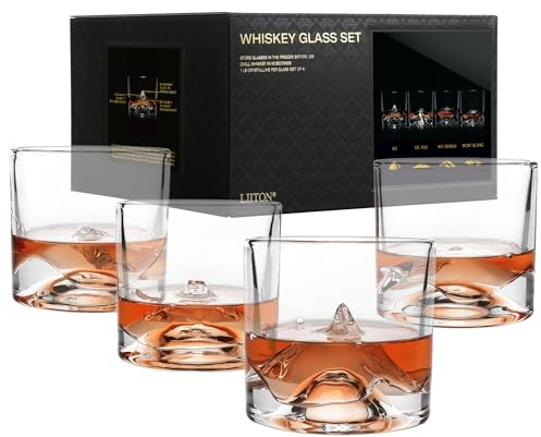 LIITON The Peaks Mountains Crystal Bourbon Verres à Whisky Lot de 4, Verre à Cocktail à l'ancienne Congelable, Cadeaux pour Hommes, Scotch, 10 oz
