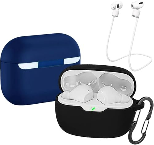 2-pack] easyBee fodral kompatibelt med JBL Vibe Beam/JBL Wave Beam/JBL Wave Beam 2, med 2 karbinhakar anti förlust remmar, silikon fodral stötsäkert skyddsfodral Bluetooth hörlursväska – svart blå