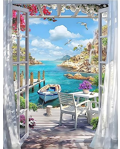 MXJSUA DIY Paisaje Junto al mar Barco Paisaje Pintura Diamante Kit para Principiantes, 5D Diamond Painting Kit Adultos, Punto de Cruz Diamante Lienzo 30x40 cm