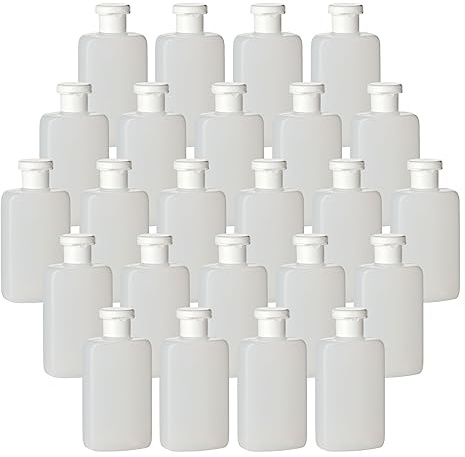 gouveo Lot de 24 bouteilles en plastique de 200 ml avec bouchon fliptop – Bouteilles vides en plastique HDPE à remplir – Bouteilles compressives avec couvercle à charnière – Recharge pour cosmétiques,