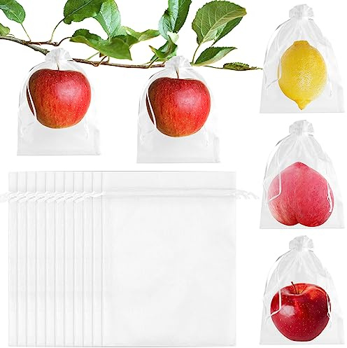 Morcheiong 60 sacchetti protettivi per frutta, 20,3 x 30,5 cm, riutilizzabili, per alberi da frutto, rete da giardino, con coulisse (bianco)