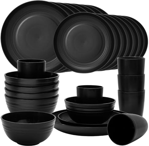 Dhnvcud Lot de 24 assiettes noires - Vaisselle de camping Pure Living - En plastique incassable - Décontracté - Pour 6 personnes - 12 assiettes plates - Service de table moderne pour 8 personnes