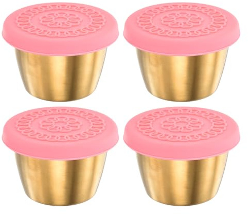 Uxcell 4pcs Salad Dressing Container, 2.4oz Stainless Steel Condiment Cup with Lids, Dipping Cups for Lunch Bento Box, Pink