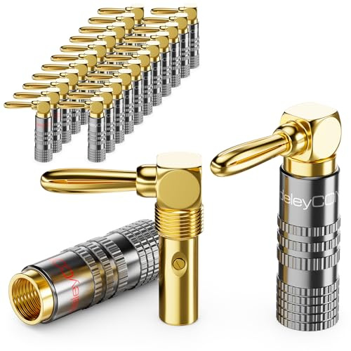 deleyCON Bananenstecker Set 90° gewinkelt, vergoldet, schraubbar, 24 Stück | Für Lautsprecherkabel und Boxenkabel 0,75 mm - 4,5 mm, HiFi Heimkino Receiver