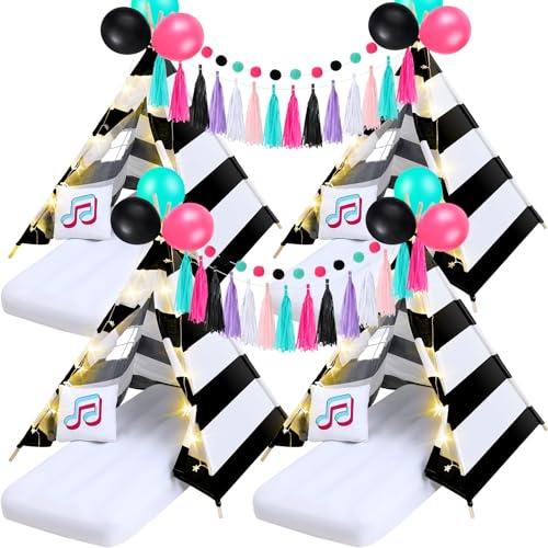 Windyun 4 Pack Teepee Tents for Kids Slumber Party with Air Mattress,Light,Pillows,Music Theme Sleepover Tents for Girls Party,Natural Cotton Kids Teepee for Indoor Outdoor