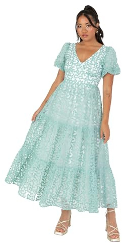 Maya Deluxe Damen Women's Ladies Midi Dress V-Neck Short Puff Sleeves Keyhole Back Floral Embroidery Tie Bow A-line for Wedding Guest Prom Kleid, Vert Menthe,