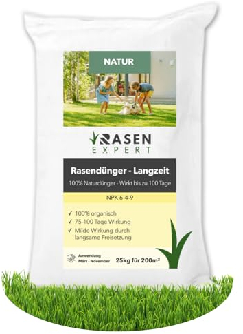 Natur Rasendünger 25kg - 100% organischer Dünger (6-4-9) mit natürlicher Langzeitwirkung für Sport,- Spiel- und Zierrasen
