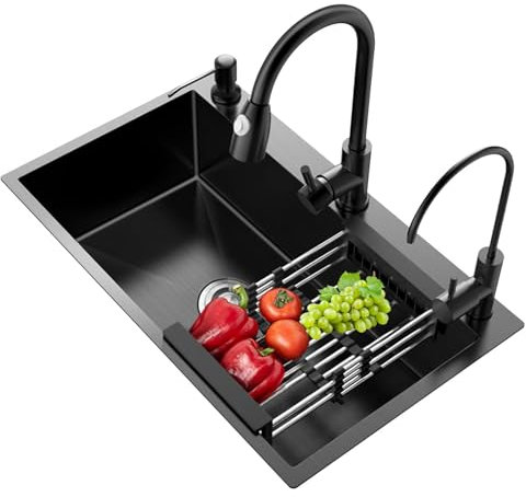 XDCXYD Dreiloch-Küchenspüle Edelstahl-Küchenspüle Hausbar-Spüle mit ausziehbarem Wasserhahn und diversem Zubehör (60 * 45 * 20cm)