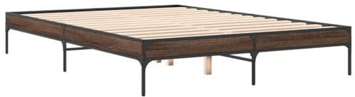vidaXL Brown Oak Engineered Wood and Metal King Bed Frame - 150x200 cm with Plywood Slats, Metal Legs, Modern Bedroom Furniture