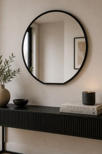MirrorOutlet The Circulus - Specchio circolare da parete con fondo piatto, cornice nera, perfetto per il mantello! 84 x 80 cm