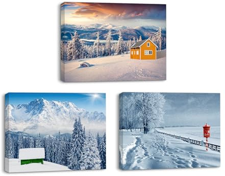 Piy Painting Impression sur Toile d’Paysage Enneigé, Neige, Montagne, Tableau sur toile Hiver Decoration Murale pour Salle de Bain Corridor Café, 3 Panneaux 40x30cm, Cadre Intérieur en bois