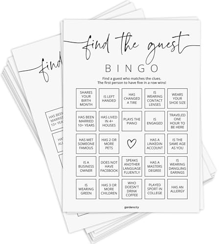 Hitta gästen bingo, möhippa spel, baby shower spel, bröllop dusch bingo-spel set, 50 unika kort, minimalistisk
