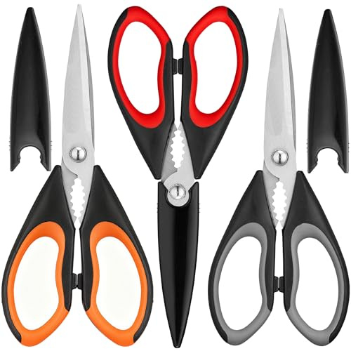 Universal Kitchen Shears 3 Pack - Heavy Duty Stainless Steel Cooking Shears for Cutting Meat, Food, Fish, Poultry, Multipurpose Sharp Scissors, Dishwasher Safe with Protective Sheath