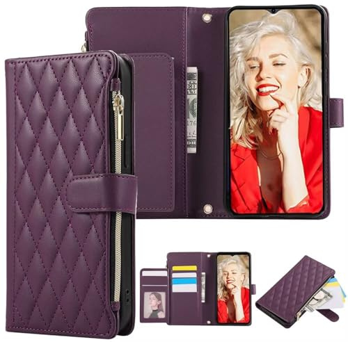 SEHEYA for Samsung Galaxy S20 FE Wallet Phone Case Large Capacity Premium PU Leather Zip Pocket Ladies Purse Wrist Strap Magnetic Small Clutch Cellphone Handbag, Purple