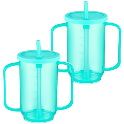 Sliner Schnabelbecher für Erwachsene, 340 ml, auslaufsichere Kunststoffbecher mit 2 Griffen, Strohhalm und Deckel, für Erwachsene, Krankenhausbehinderte, Dysphagie-Patienten, Blau, 2 Stück