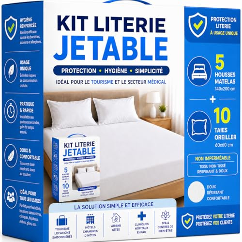 Kit Literie Jetable – 5 Housses Matelas 140x200 cm + 10 Taies Oreiller 60x60 cm – Non Imperméable - Hygiène Literie - Housse Matelas à Usage Unique - Protection Matelas
