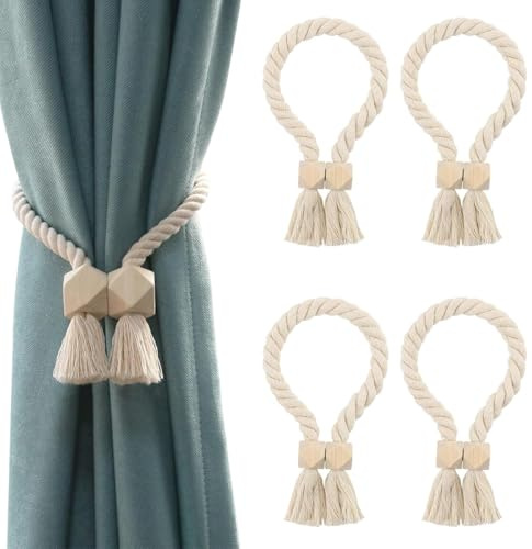 4 Stück Magnetische Vorhang Raffhalter, Gardinenraffer Aus Holz,Handgewebt Vorhang-Raffhalter, Vorhangbinder Seil,Boho-Dekoration,Vorhanghalter,Für Wohnzimmer,Schlafzimmer,Büro,Klassenzimmer (Beige)