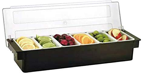 SUONTY Juego de 6 recipientes para ingredientes con tapa, 6 compartimentos de 200 ml para limones, frutas, aceitunas y cócteles, 50 x 15 x 10 cm, color negro con tapa transparente