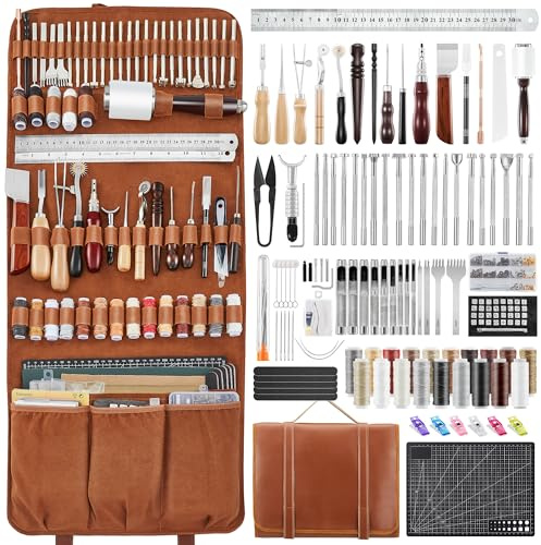 SAKERNEO Leather Working Tools kit Leather Tooling Kit Leather Craft Tools | Max Version with Custom Handbag Cutting Mats Engraving Punching Sewing Stamping Sanding Tools for Handicraft Work,Repair