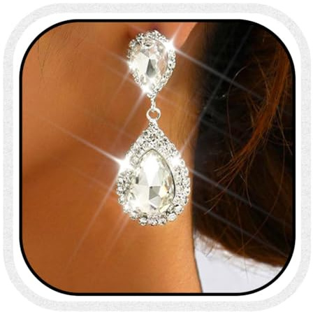 Unicra Teardrop bröllop örhängen silver strass brud örhängen kristall dinglande smycken för kvinnor och brudar, En Storlek, Strass, Ingen ädelsten