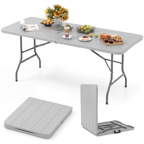 COSTWAY Gartentisch 180x74cm, Campingtisch klappbar, Klapptisch mit HDPE-Tischplatte & Tragegriff, Balkontisch für 6–8 Personen, Buffettisch für Garten, Terrasse und Balkon, Grau