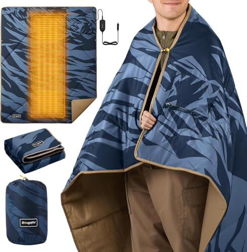 BougeRV Auto 12V Heizdecke Zigarettenanzünder 180x130 cm, Tragbare Wärmedecke Elektrisch, Thermodecke mit 5 Wärmestufen, Timer, Gleichmäßige Wärme für Camping, Auto, Reise, Outdoor, Blau (Nicht Akku)