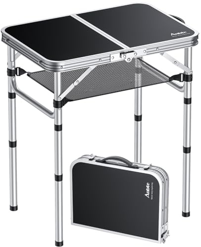Anbte Campingtisch 59x40cm Falttisch mit 3 Höhen Verstellbar Aluminium Rahmen Picknicktisch mit Aufbewahrungsnetz Tragbar Beistelltisch für BBQ Camping Strand Balkon (Schwarz)