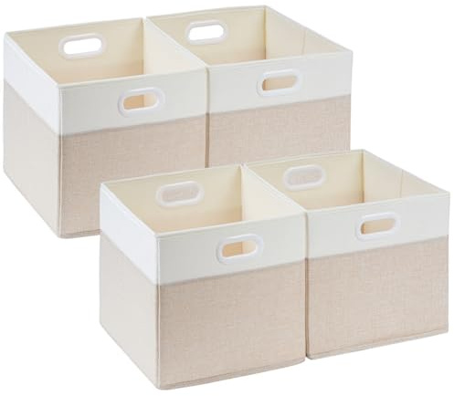 SOCOHOME Fabric Cube Storage Boxes,33x38x33cm Foldable Storage Baskets for Shelf Nursery Closet(Light beige/White, Set of 4)