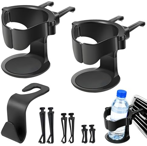 2 Pcs Car Cup Holders, Adjustable Air Vent Cup Holder with 3 Pairs Ventile Clips, and Car Seat Hooks Universal Car Beverage Organizer for Water Coffee and Juice Drink Stand-Black