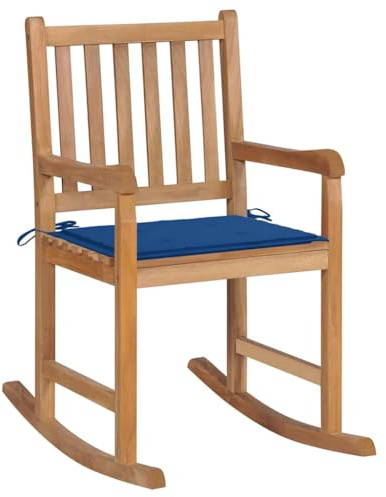 HaoChrymec Mecedora de Teca Maciza con Cojín Azul Real, Silla Mecedora de Jardín Exterior con Estructura Resistente, Diseño Ergonómico y Apoyo Lumbar, Sillón Balancín para Terraza, 58 x 92.5 x 106 cm
