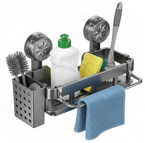 Alyxen Spülbecken Organizer,Spülbecken Caddy Organizer,Multifunktionaler Organizer Küchen mit Abflusspfanne,Abnehmbarem Spültuchhalter und Aufbewahrungsbox,Saugnapf Schwammhalter Küche