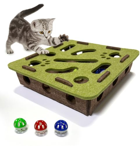 OVRRCSME Interactive Soft Felt Cat Puzzle Toy with Ball and Bell，cat Nail File Enrichment Box，Cat Toy Box for Indoor Cats and Kittens，Indoor Hunting Play Toy (Green)