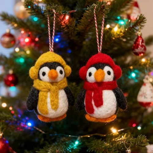 HERZWILD 2pcs Weihnachtsanhänger Pinguin aus Filz Pinguin-Anhänger Christbaumanhänger Weihnachtsbaum Anhänger aus Filz Christbaumschmuck Filzanhänger (rot gelb Pinguin)