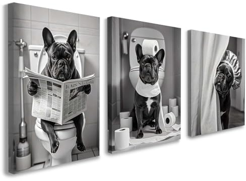 Set of 3 Bathroom Wall Art, Funny French Bulldog Canvas Wall Decor, Black and White Dog Artwork, Humorous Animal Bathroom Pictures for Toilet or Powder Room with Hooks and Magic Tape, 12x16 Inch