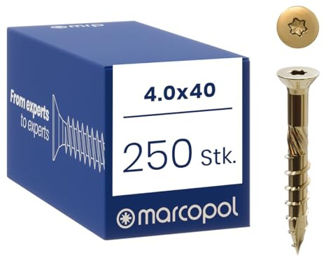 Marcopol Holzschrauben mit Senkkopf 4 x 40 mm 250 Stück TX20 Gelb Verzinkt - Senkkopfschrauben mit Torx Antrieb - Schrauben mit Frässpitze, Schneidkerben, Aufbohrfräse und Wachsbeschichtung