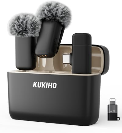 KUKIHO Kabelloses Lavalier Mikrofon für iPhone, Mini Mikrofon für Handy mit DSP-Chip Ansteckmikrofon (2 Sender) für Type-C & Lightning, Ladebox mit Akkuanzeige für Vlogging/YouTube/Social Media