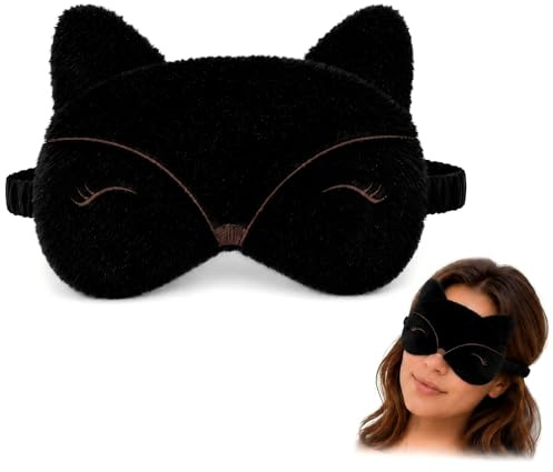 Sovmask damögon, täckande plysch nattmask, med gummiband kan användas för pyjamasfest, resor, tupplurar, kvinnor (Svart Räv)