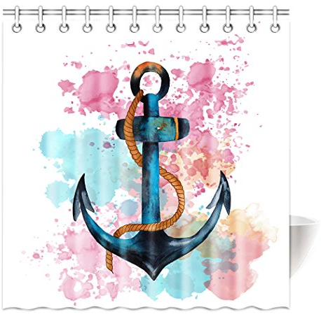 Violetpos Top Qualität Anti-Schimmel Duschvorhang Digitaldruck für Badezimmer Badvorhänge Aquarell Anker Hanfseil Rosa Blau 160 x 180 cm