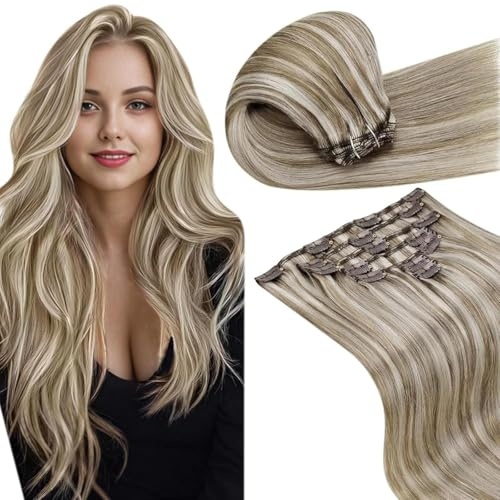 LaaVoo Haarverlängerung zum Anstecken, Echthaar, 7 Stück/105 g, 45 cm, Clip in Remy-Haar, Extensions, doppelt, Weft Highlight, hellbraun, Unisex, Platinblond, Haarverlängerung zum Anstecken,