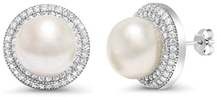 Gem Stone King 925 Sterling Silver 9MM Cultured Freshwater Pearl Button Stud Earrings For Women | Fine Jewelry Gifts for Her Mom Women Wife