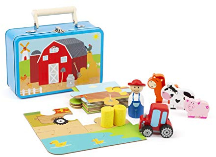 Small Foot 11360 Bauernhof-Spielset im Koffer, 20-teiliges Komplettset zum Puzzeln und Bespielen, inkl. 6 Spielfiguren Spielzeug, Mehrfarbig