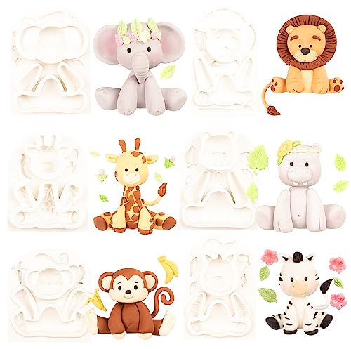 Dschungeltier Silikonform Safari Tier Formen für Tortendeko Kuchenaufsatz Kinder Geburtstag Elephant Löwe Giraffe Nilpferd Affe Zebra 6er Set