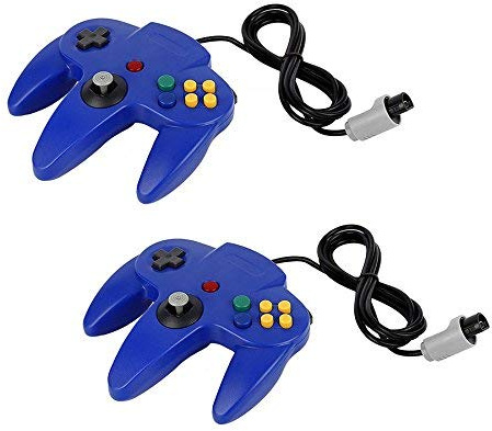 Manette de jeu à longue manche classique Nentendo 64 manette filaire de rechange pour consoles de jeux Wii N64 (Bleu) - 2 pièces
