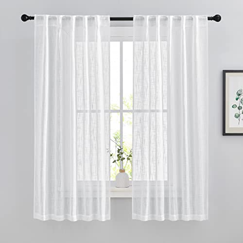NICETOWN Linen Sheer Curtains for Windows 63 Long, Rod Pockets & Back Tab Privacy Window Treatments Vertical Drapes with Light Filter for Bedroom/Nursery, 84 Wide Total 2 Pieces, White