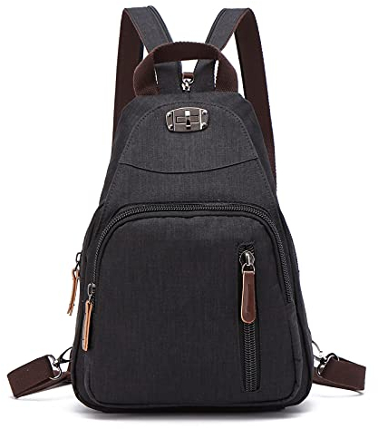FANDARE Retro Brusttasche Sling Bag Klein Rucksack Schulranzen Umhängetasche Schulrucksack Sporttasche für Damen Herren Pendeln Schule Freizeit Reise Daypacks Dauerhaft Polyester Schwarz