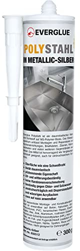 Everglue Polystahl 1K MS Polymer Metallkleber Wasserfester Montagekleber für Bad, Küche & Pool Silikonfrei, UV-beständig, elastisch, überstreichbar 300g Kartusche silber-metallic