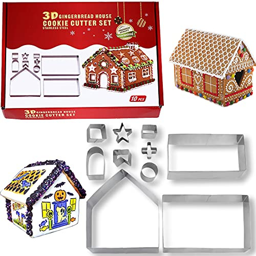 Formine Biscotti Natalizie 3D, Gingerbread House di Natale, Christmas Cookie Cutters, Stampo Casa di Marzapane, Stampini per Biscotti in Acciaio Inossidabile, per Decorazioni di Cucina, 10 Pezzi