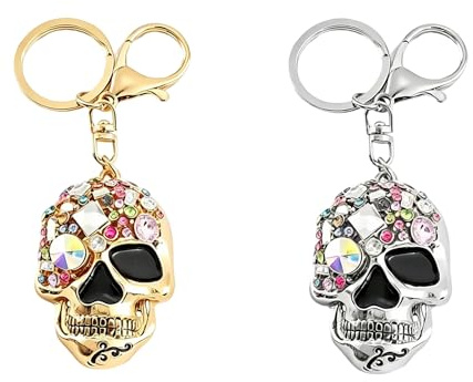 Vastsea 2 Stücke Totenkopf-Schlüsselanhänger, Creative Rhinestone Skull Schlüsselanhänger, Fashion Damen Bag Ornaments, Gelten Auto Schlüsselring Charm(Gold und Silber je einer)