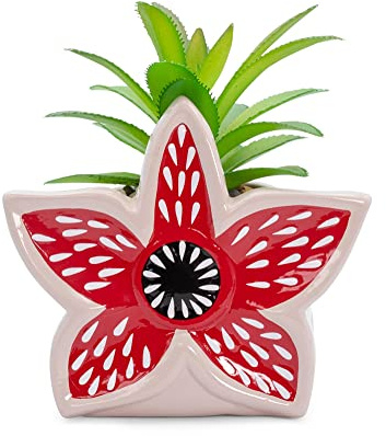 Stranger Things Demogorgon 3-Inch Ceramic Mini Planter with Artificial Succulent | Small Flower Pot, Faux Indoor Plants For Desk Shelf, Home Decor Trinket Tray | Horror Movie Gifts and Collectibles