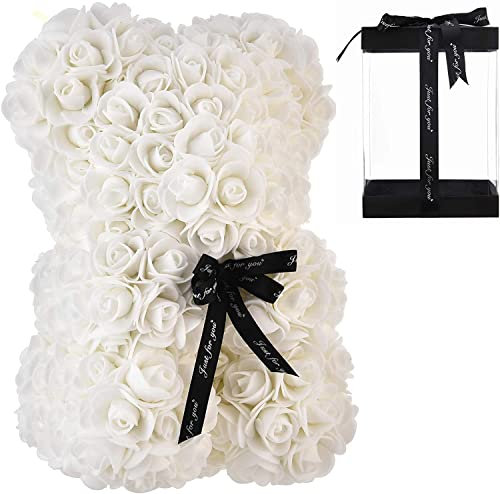Orsacchiotto Composto da Rose Artificiali, per anniversari, Regalo per Mamma, Confezione Regalo Trasparente Inclusa - Bianco